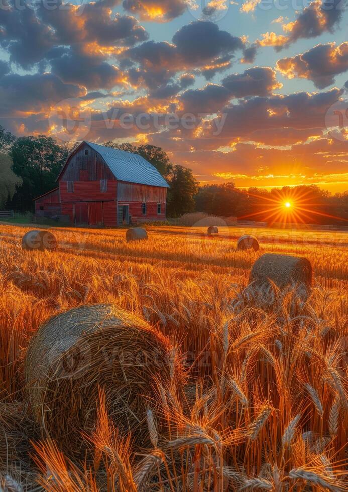 AI generated Red barn and hay bales sit in field at sunset photo