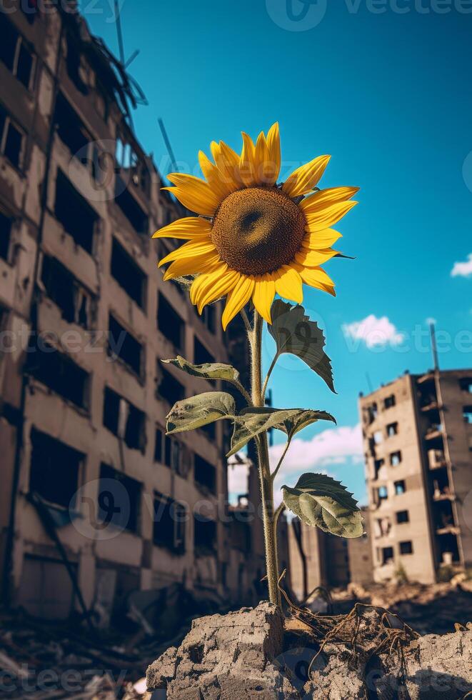 ai generado girasol creciente fuera de el escombros foto