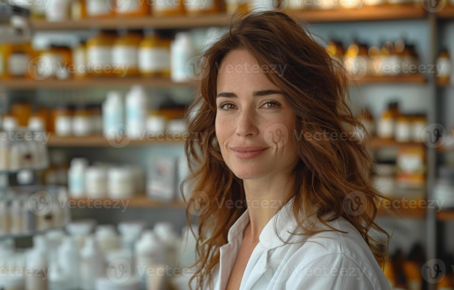 AI generated Portrait of young woman pharmacist in drugstore photo