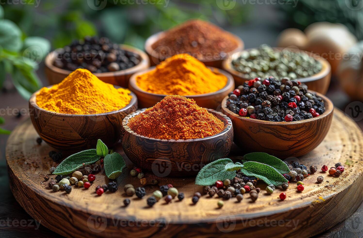 AI generated Variety of colorful spices in wooden bowls photo