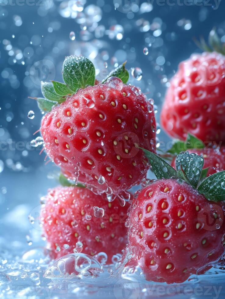 AI generated Strawberries falling into the water with splash photo