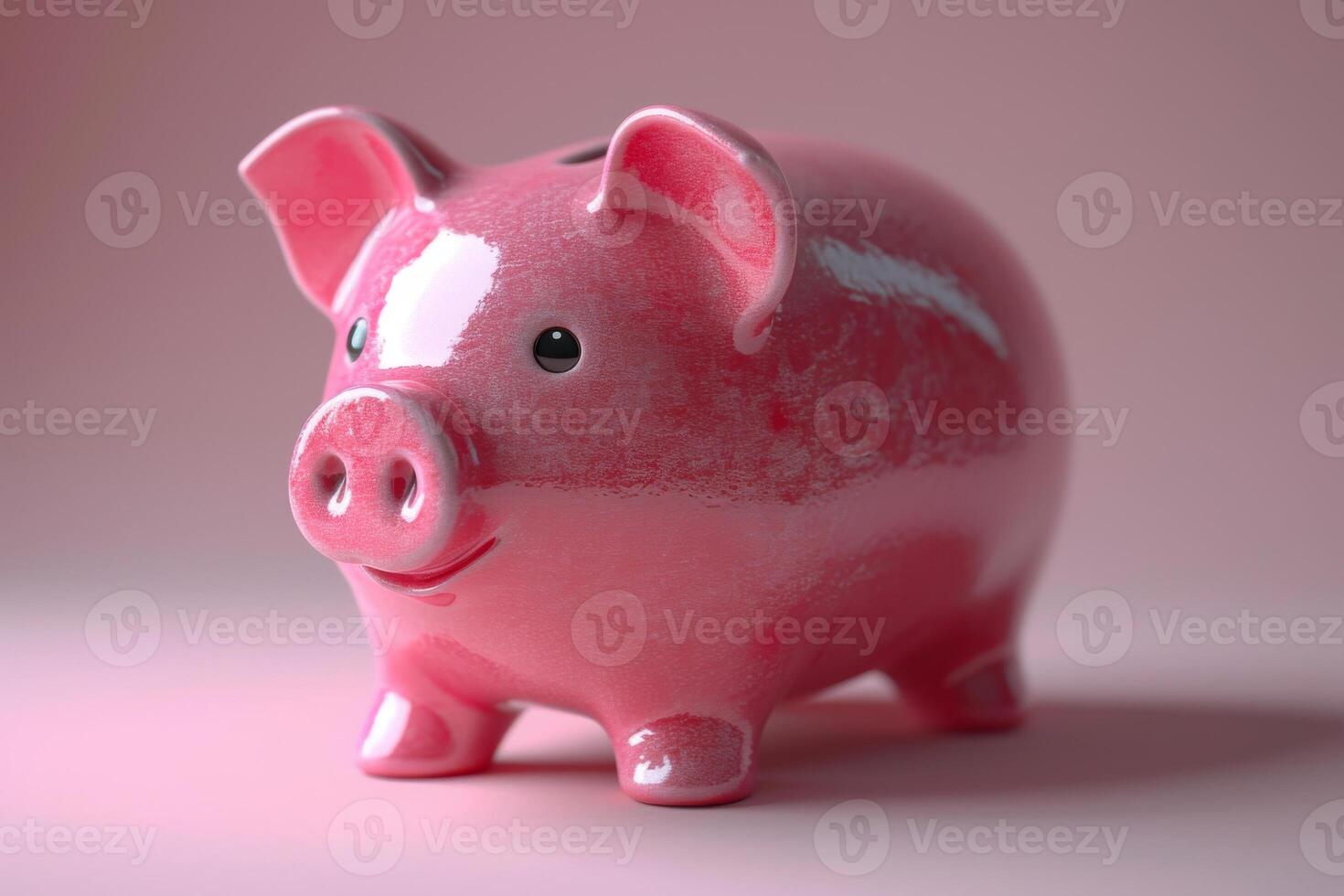 AI generated Pink ceramic piggy bank stands on pink background photo