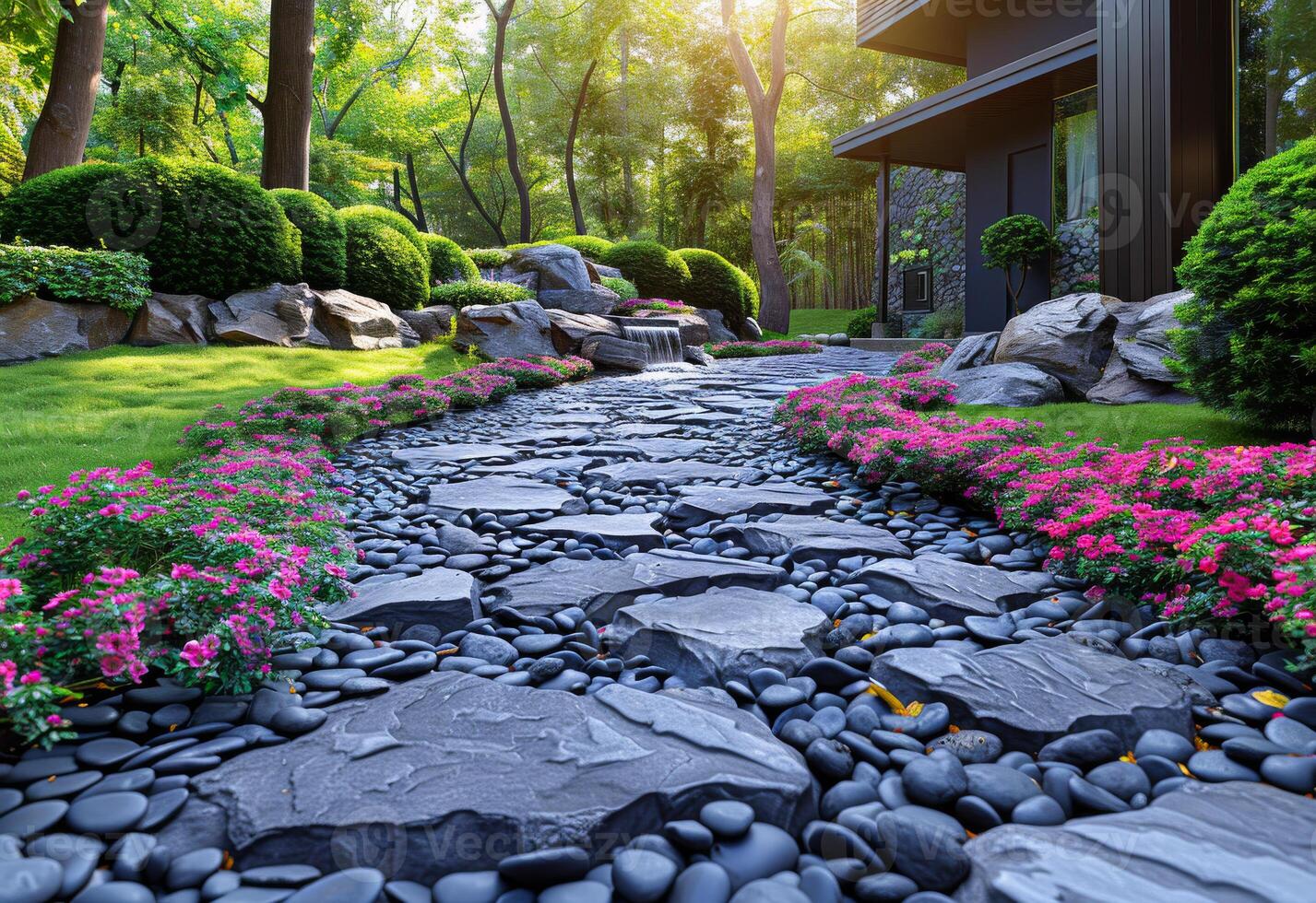 AI generated The rock garden and beautiful flower in the park photo