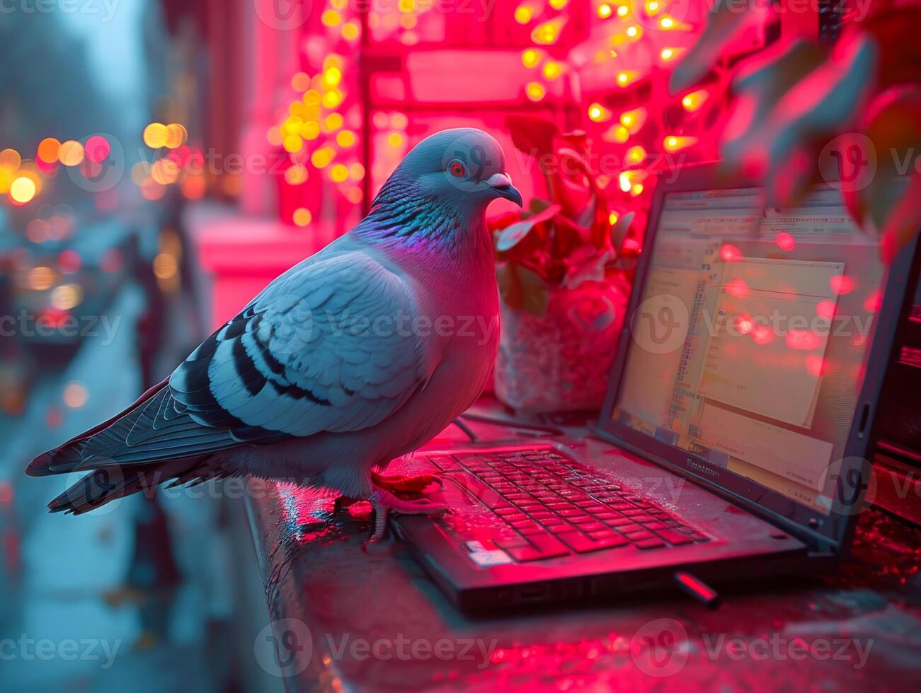 AI generated Pigeon sitting on laptop. A pigeon sits on a laptop on a office photo