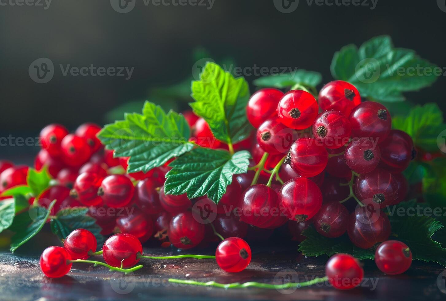 AI generated Red currants with green leaves on dark rustic background. photo