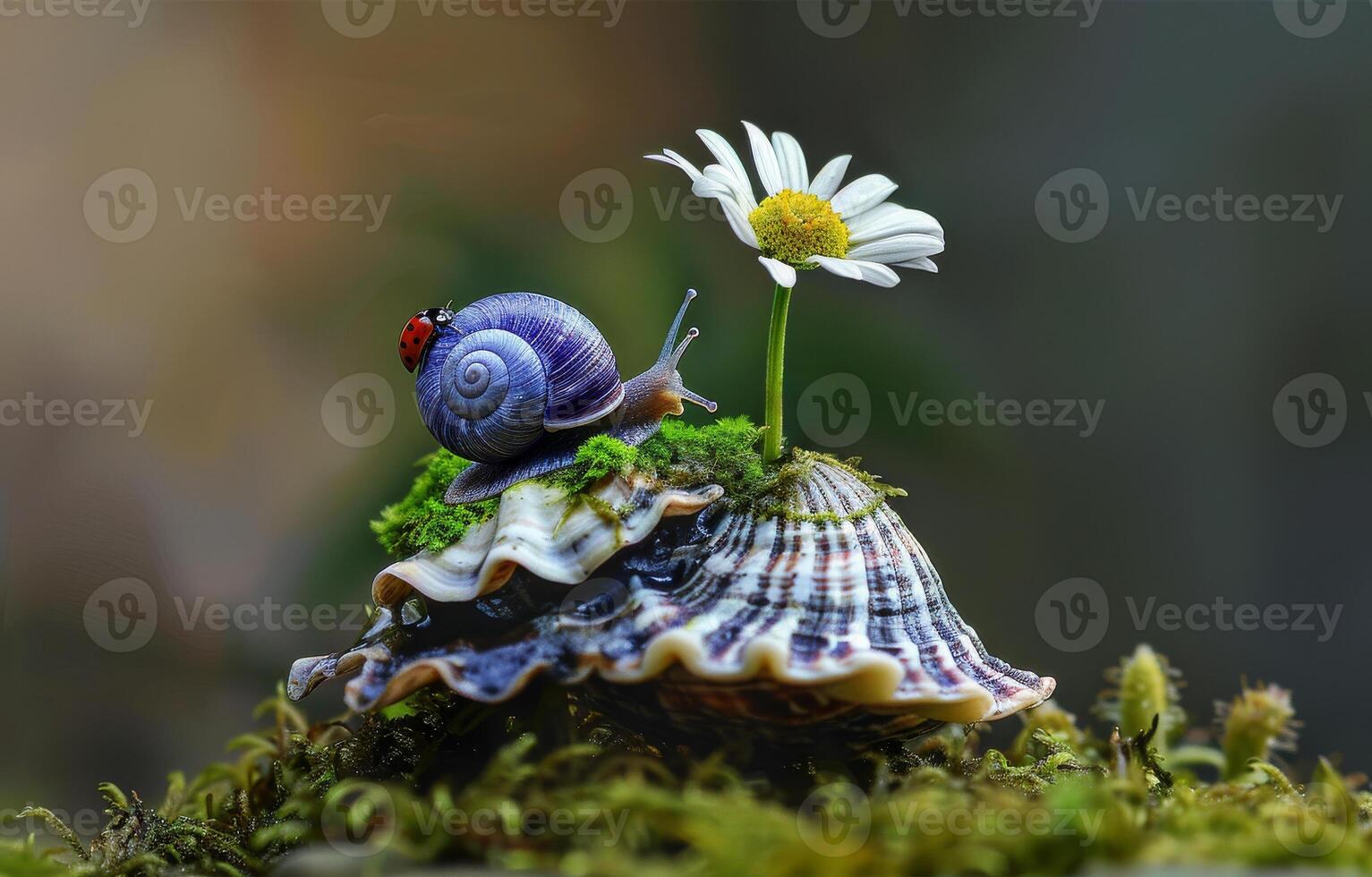 ai generado caracol y mariquita en cáscara con flor foto