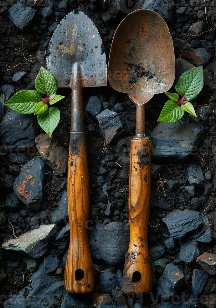 AI generated Two shovels and trowel on rock. The two gardening tools are in soil photo