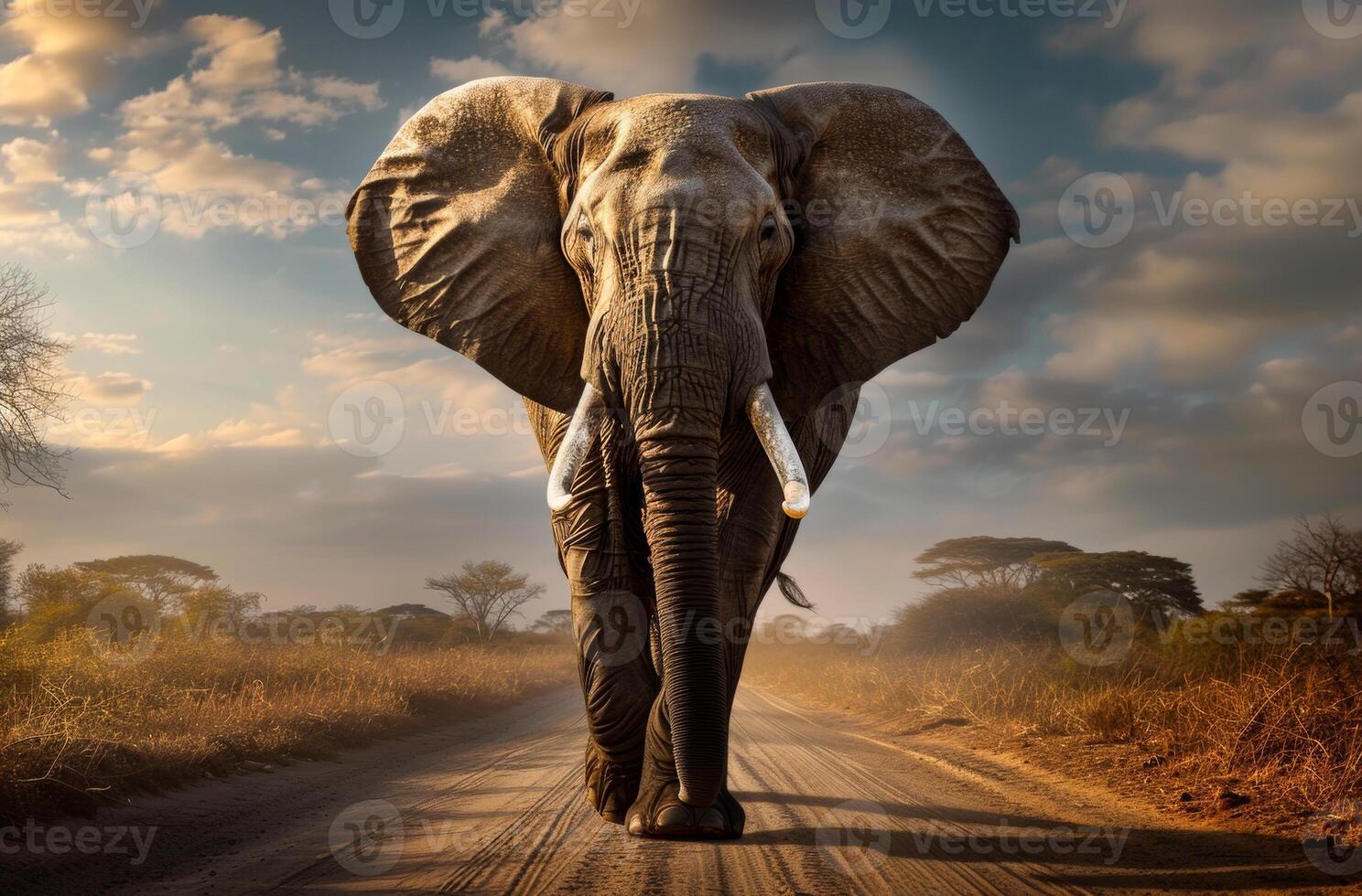 AI generated Single elephant walking in road with the sun behind it photo