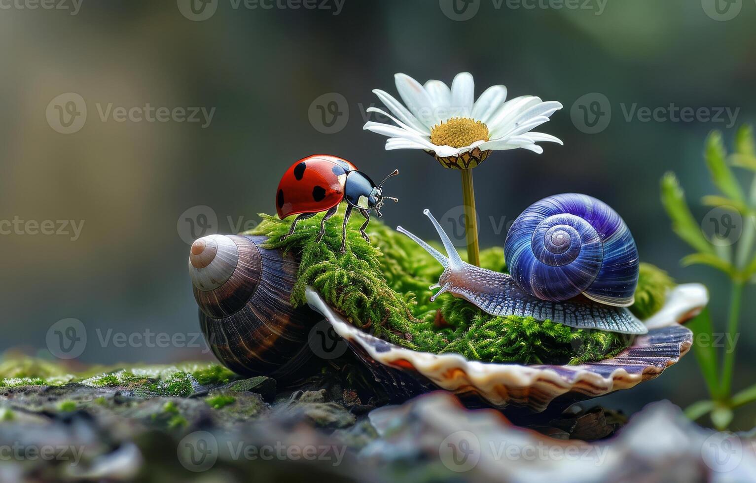 AI generated Snails and ladybug on piece of moss. A small daisy flower growing from a shell photo