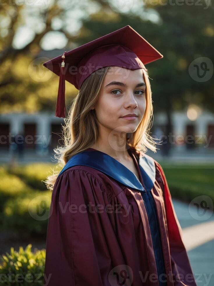 AI generated Smiling Female Graduate in Cap and Gown on University Campus at Golden Hour photo