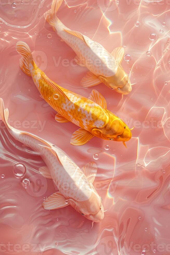 AI generated Vibrant koi fish glide through pink tinted water photo