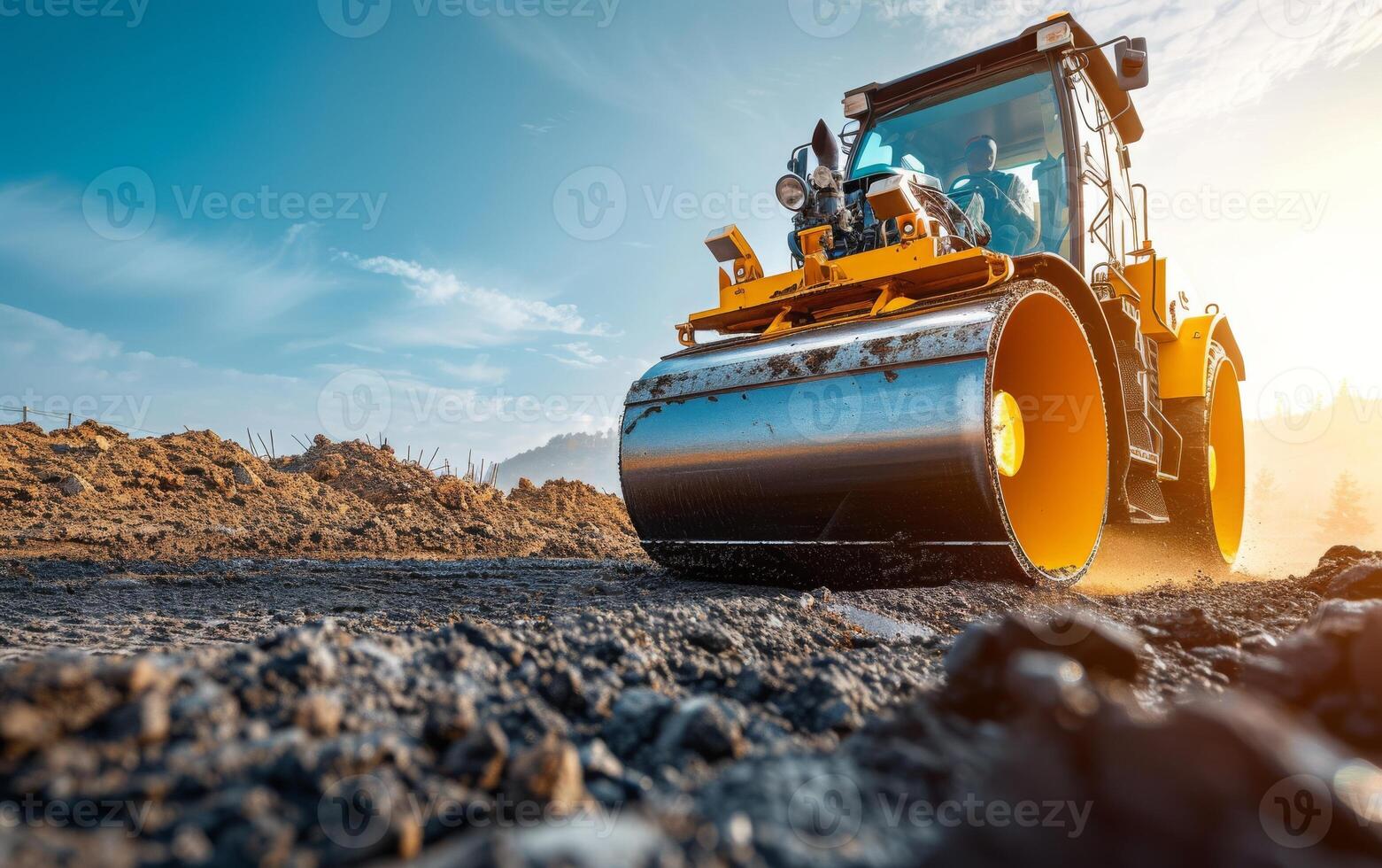 ai generado un vibrante naranja la carretera rodillo allana un nuevo camino, sus pesado tambor compactando asfalto con precisión foto