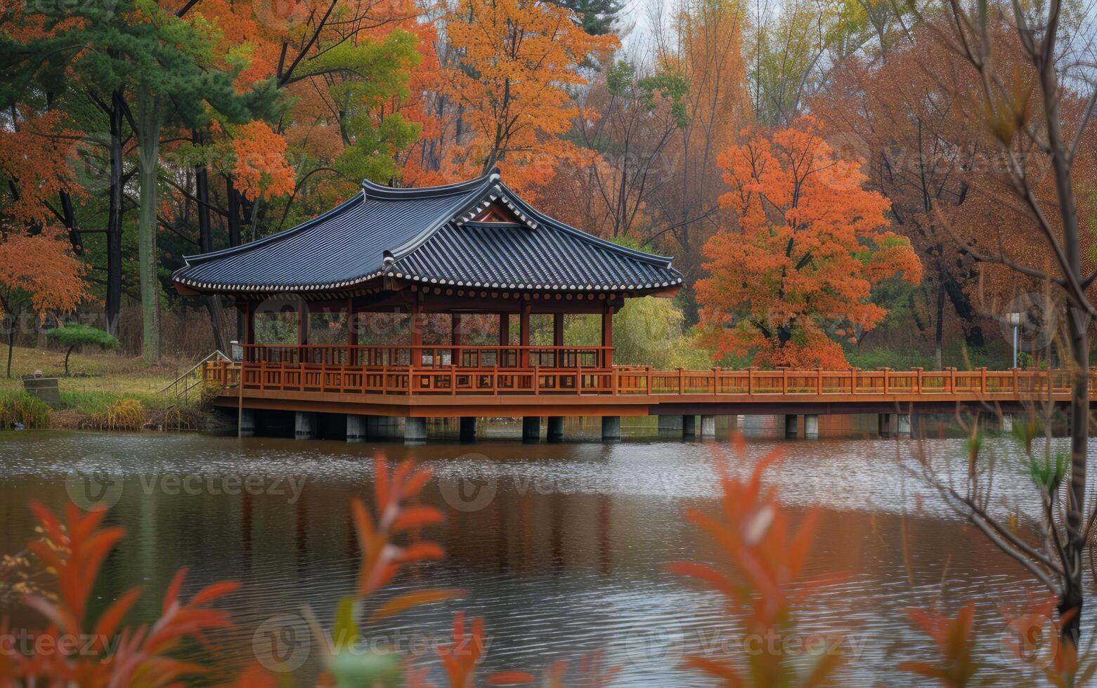 AI generated Tranquil Autumn Pavilion by the Lake photo