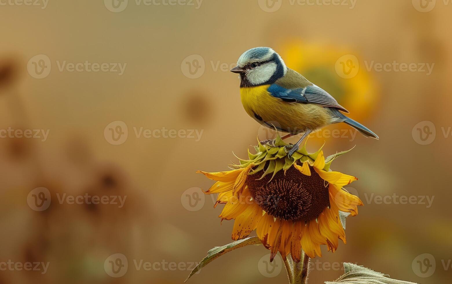 AI generated This artistic image features a blue tit beautifully integrated into a warm, soft focus background with vivid sunflowers photo