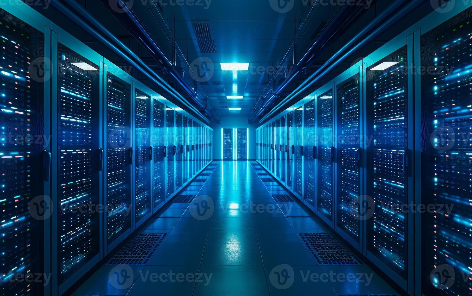 AI generated The symmetrical view of a data center with illuminated server racks photo