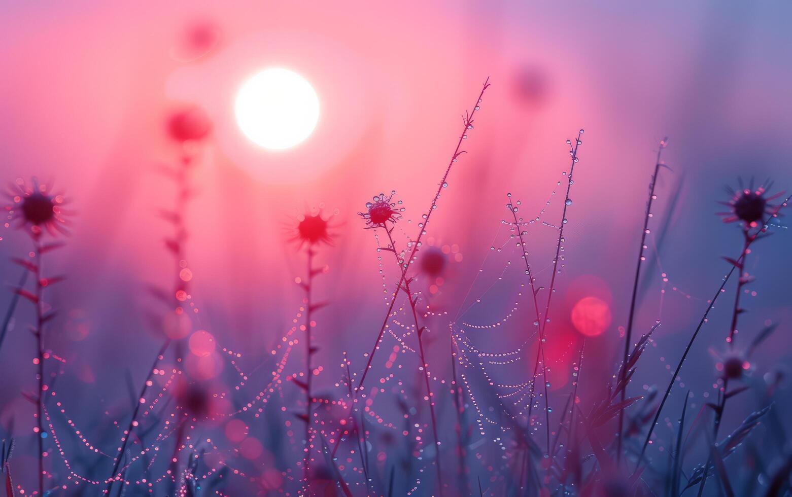 AI generated A delicate spider web, adorned with morning dew, captures the first light of dawn photo