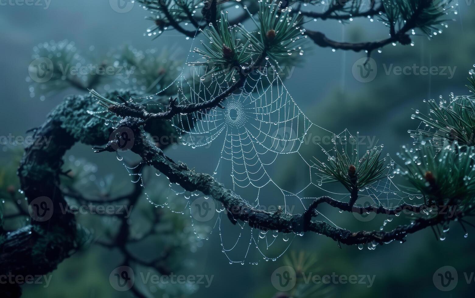 AI generated Misty Morning Spiderweb on Pine photo