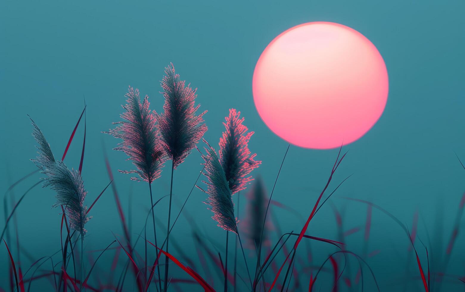 AI generated Grass blades stand against a blushing twilight sky photo