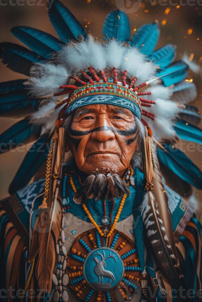 ai generado mayor nativo americano en tradicional insignias reales foto