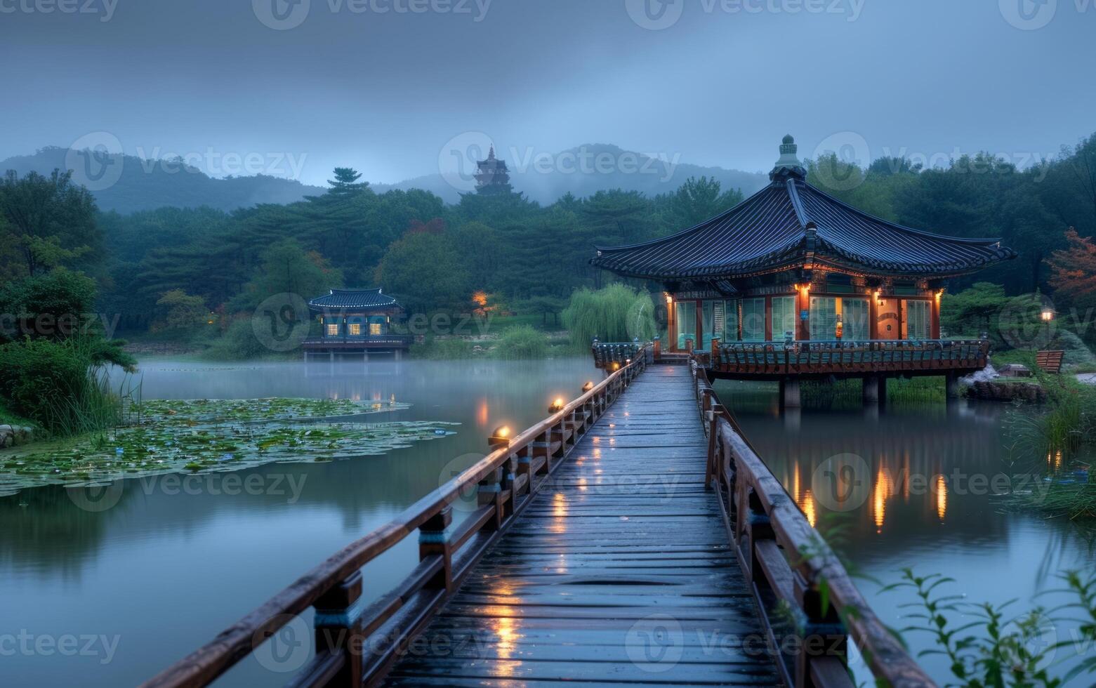 ai generado brumoso orilla del lago pagoda a crepúsculo foto