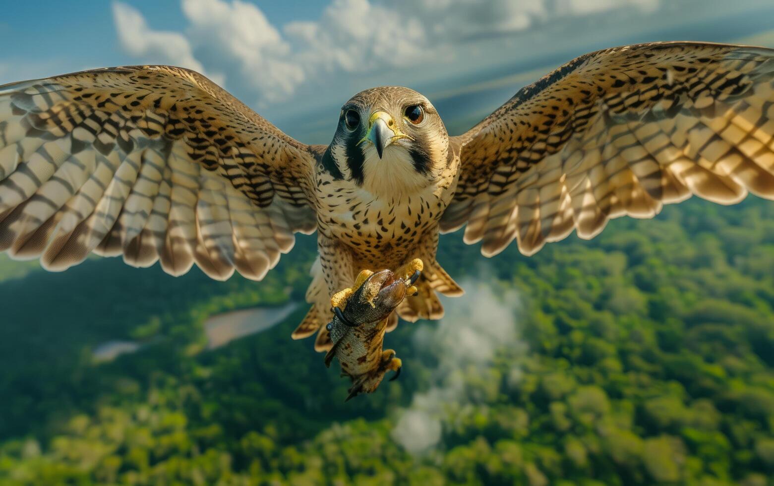 AI generated A powerful falcon ascends with precision, clutching its fresh catch photo