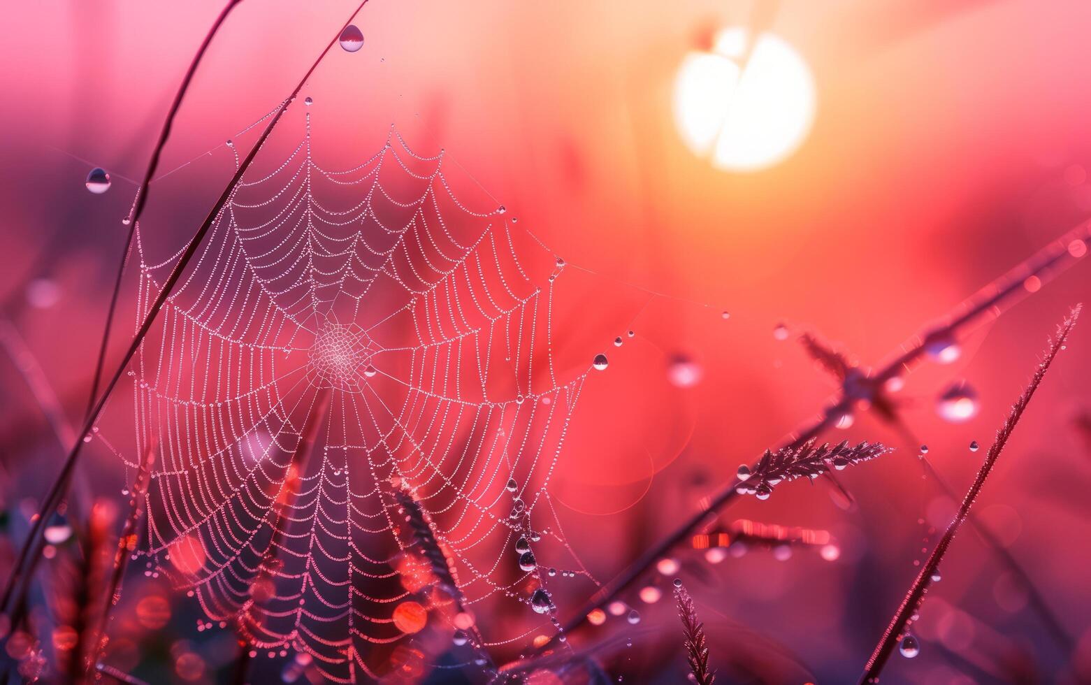 AI generated A delicate spider web, adorned with morning dew, captures the first light of dawn photo