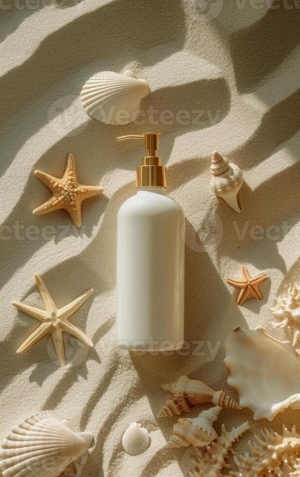 AI generated Aesthetic arrangement of a lotion dispenser among scattered seashells and starfish on sandy beach photo