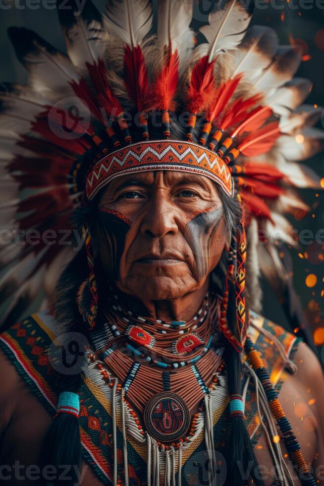 AI generated Portrait of a Native American in Traditional Attire photo