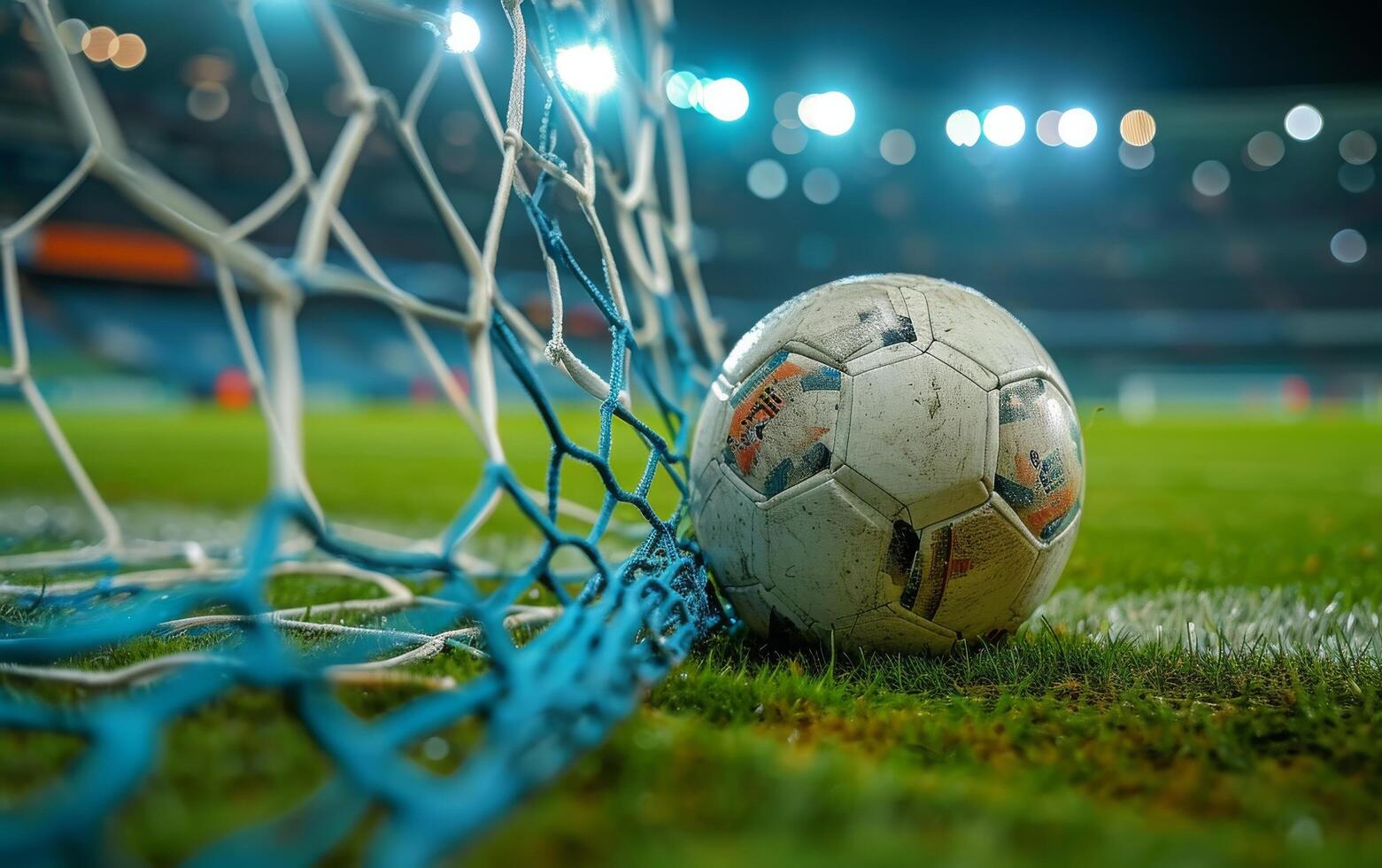 AI generated A close up view of a worn soccer ball nestled in the goal net photo