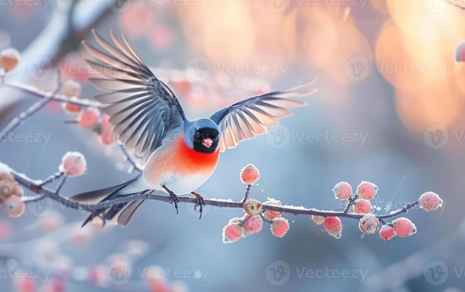 AI generated Bullfinch Bird in Flight at Dusk photo