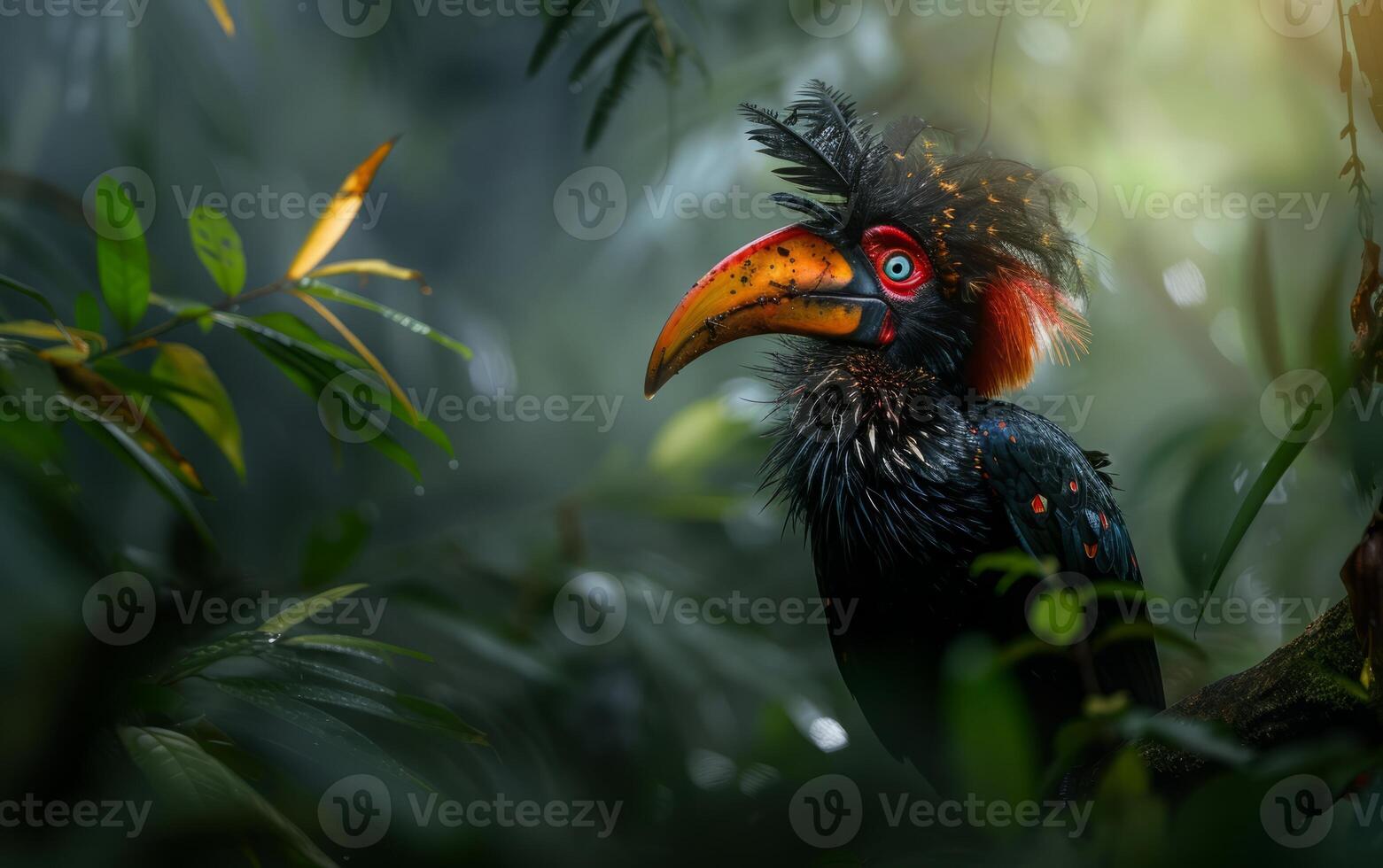 AI generated a striking hornbill with vivid plumage rests gracefully on a branch photo