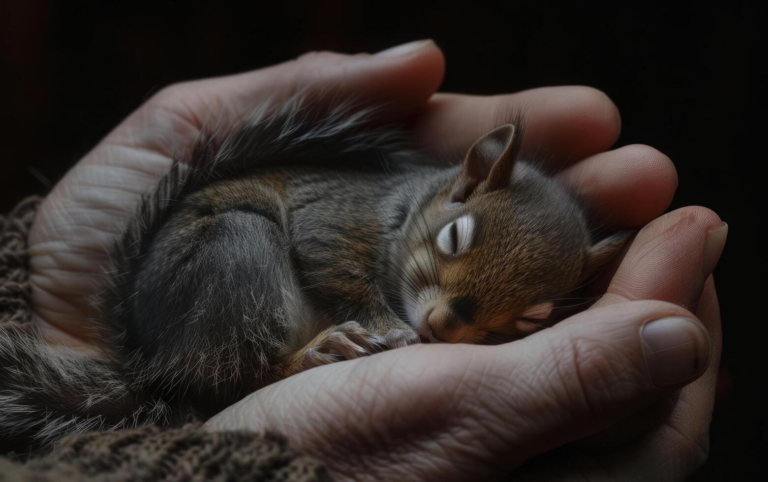AI generated Newborn Squirrel Nestled in Hands photo