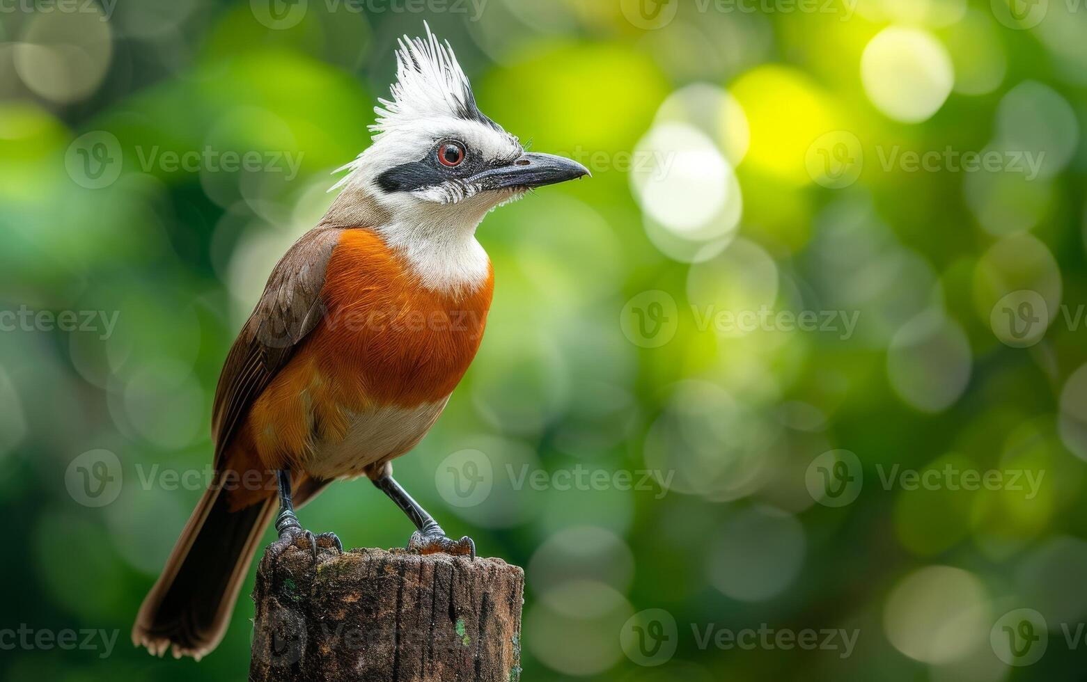 AI generated A striking White crested Laughingthrush perched on a tree stump photo