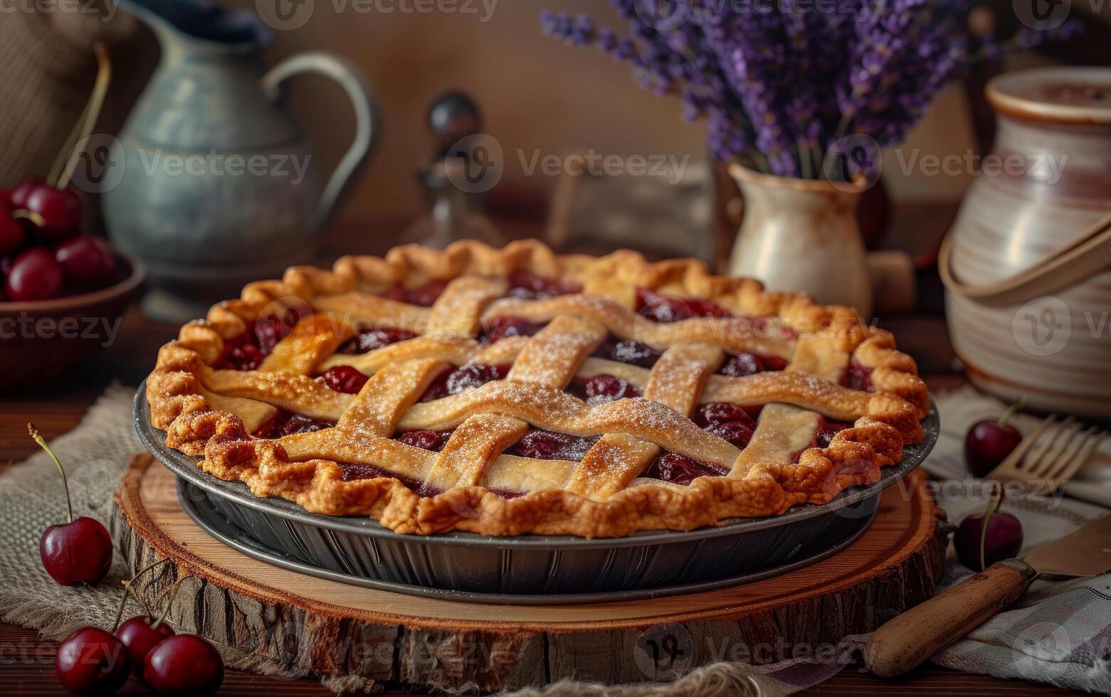 AI generated A freshly baked cherry pie rests on a wooden board, its golden crust and vibrant filling photo