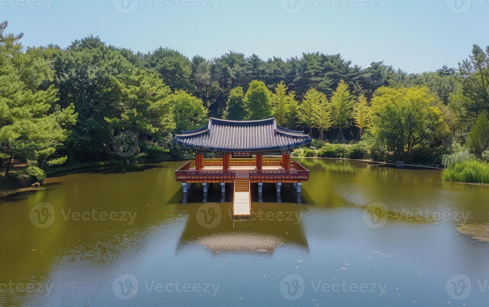 AI generated Tranquil Traditional Pavilion on Water photo