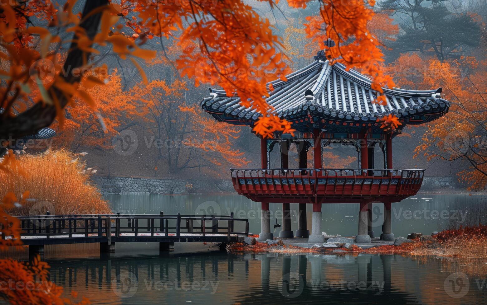 AI generated Autumn Serenity at a Traditional Asian Pavilion photo