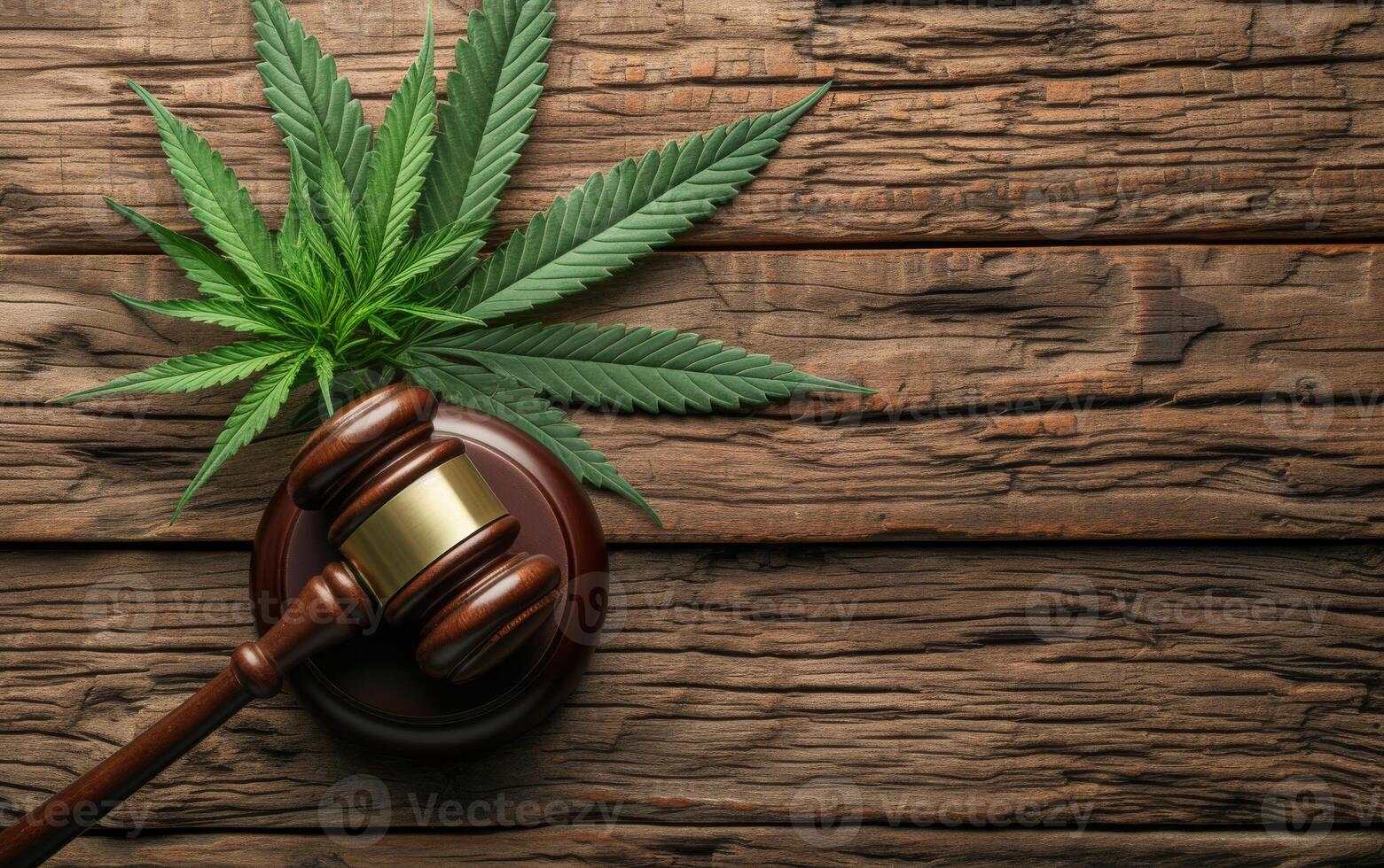 AI generated A symbolic representation of cannabis law with a wooden judge gavel and cannabis leaves photo