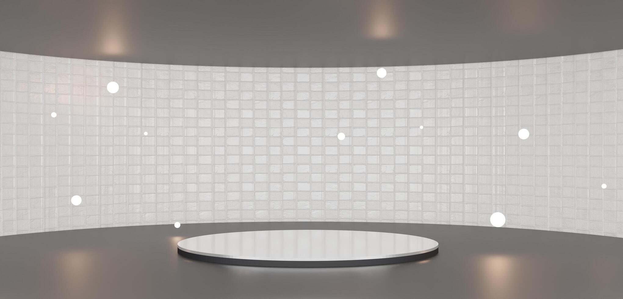 sala de exposición exposición esfera cilindro redondo curvo pantalla redondo pedestal 3d ilustración foto