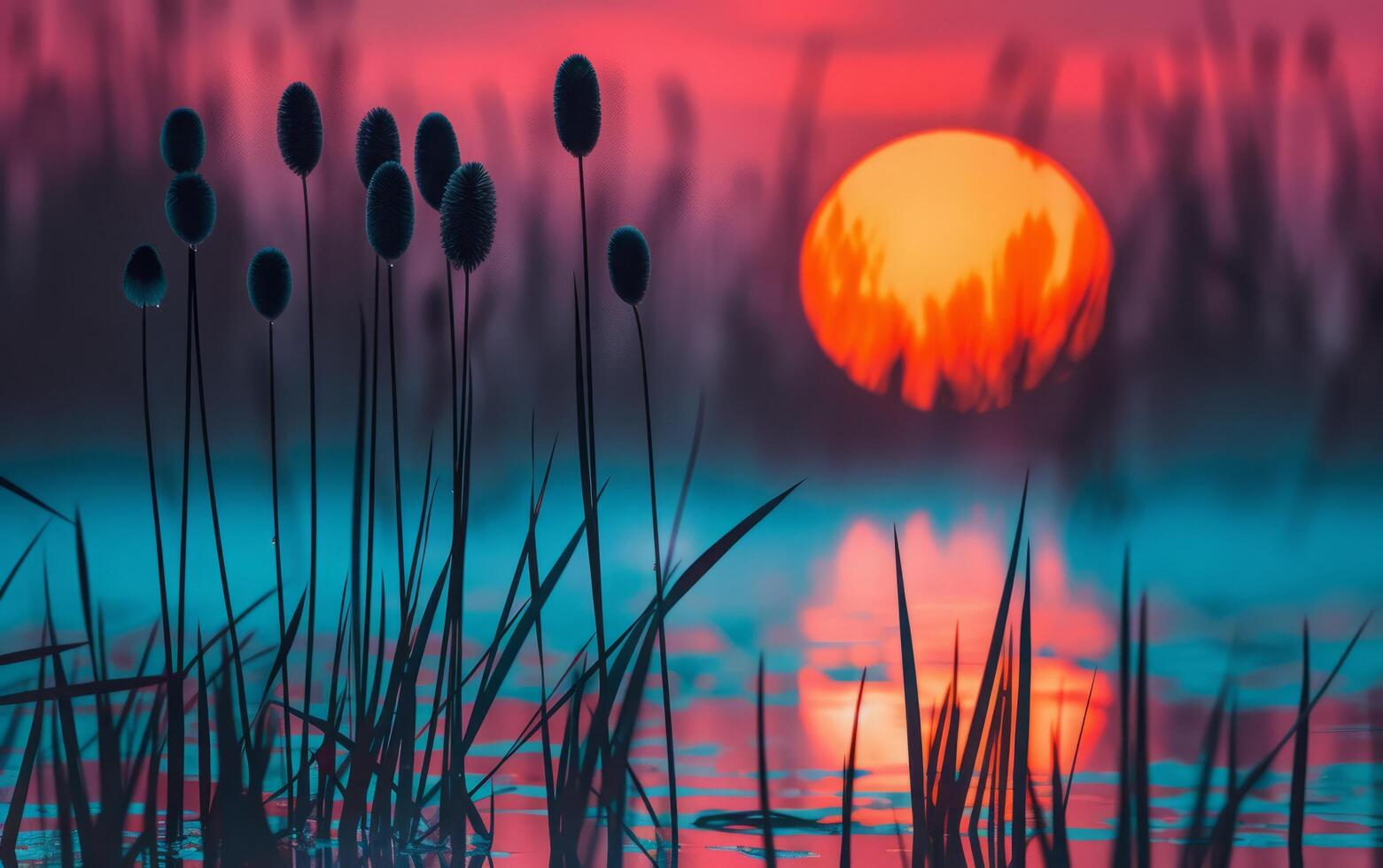 AI generated The fiery orb of the setting sun glows intensely behind silhouetted cattails at the water edge photo