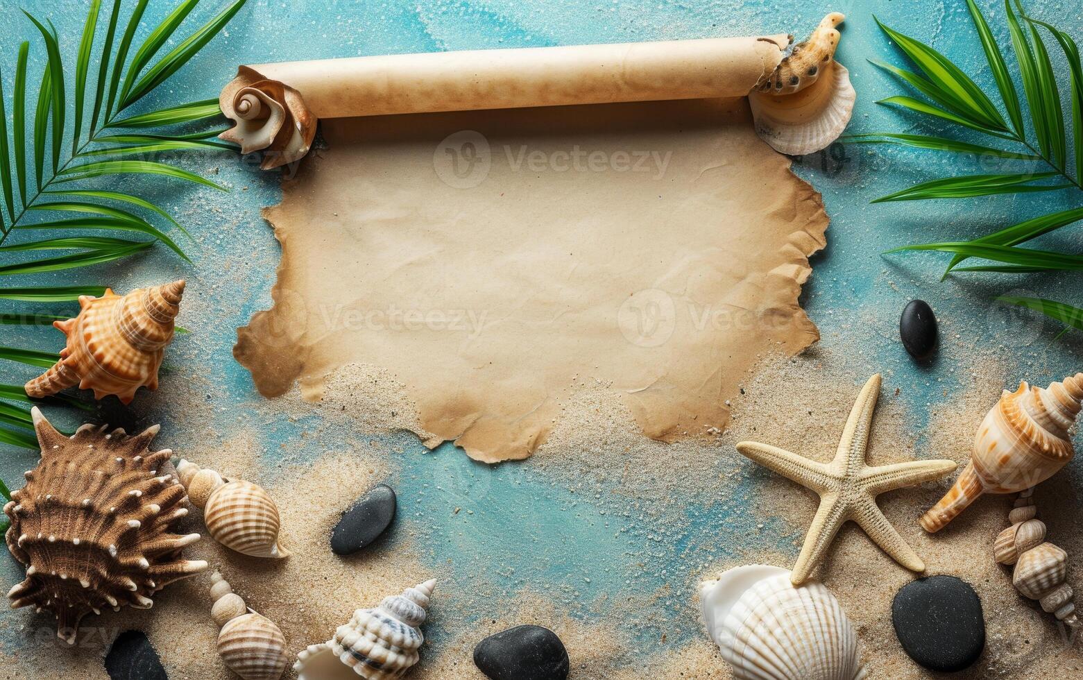 AI generated An overhead view of a summer beach-themed backdrop, featuring a blank paper scroll for mockup designs photo