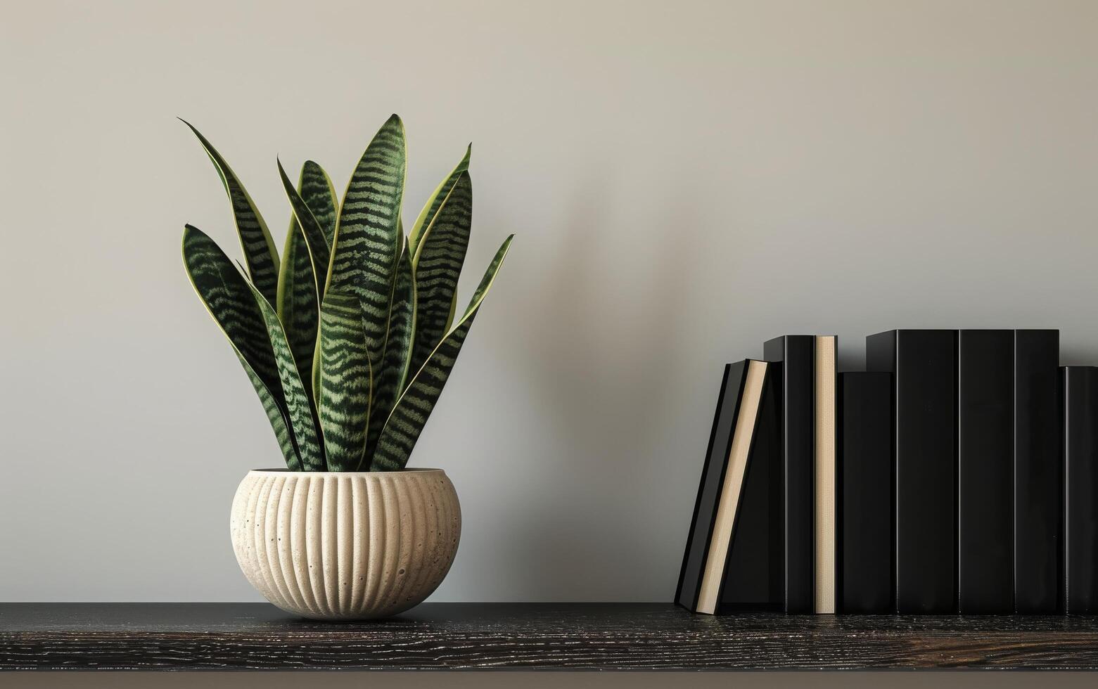 AI generated A potted snake plant adds a touch of greenery to a minimalist shelf arrangement photo