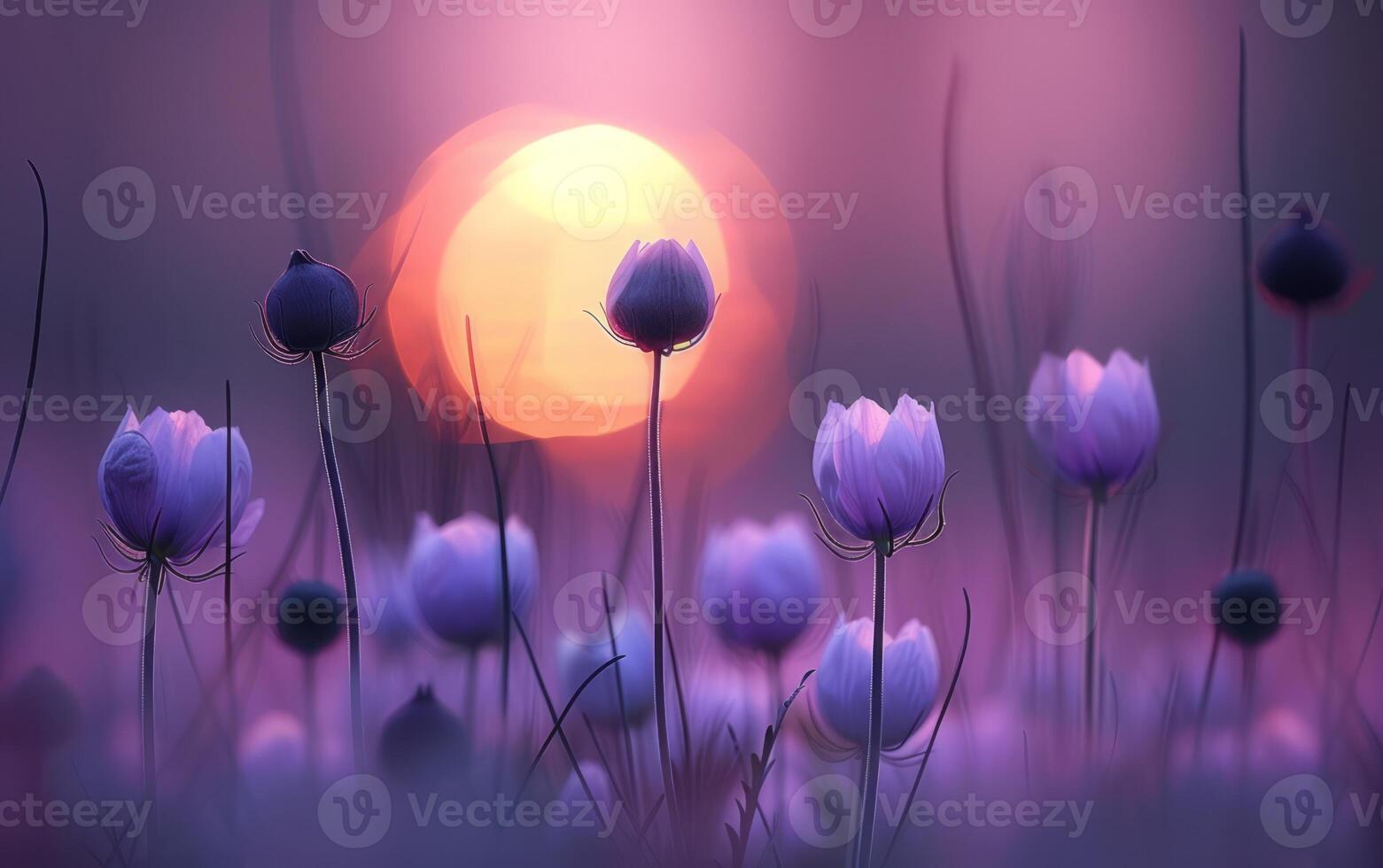 AI generated Silhouetted wildflowers bask in the rosy glow of a setting sun photo