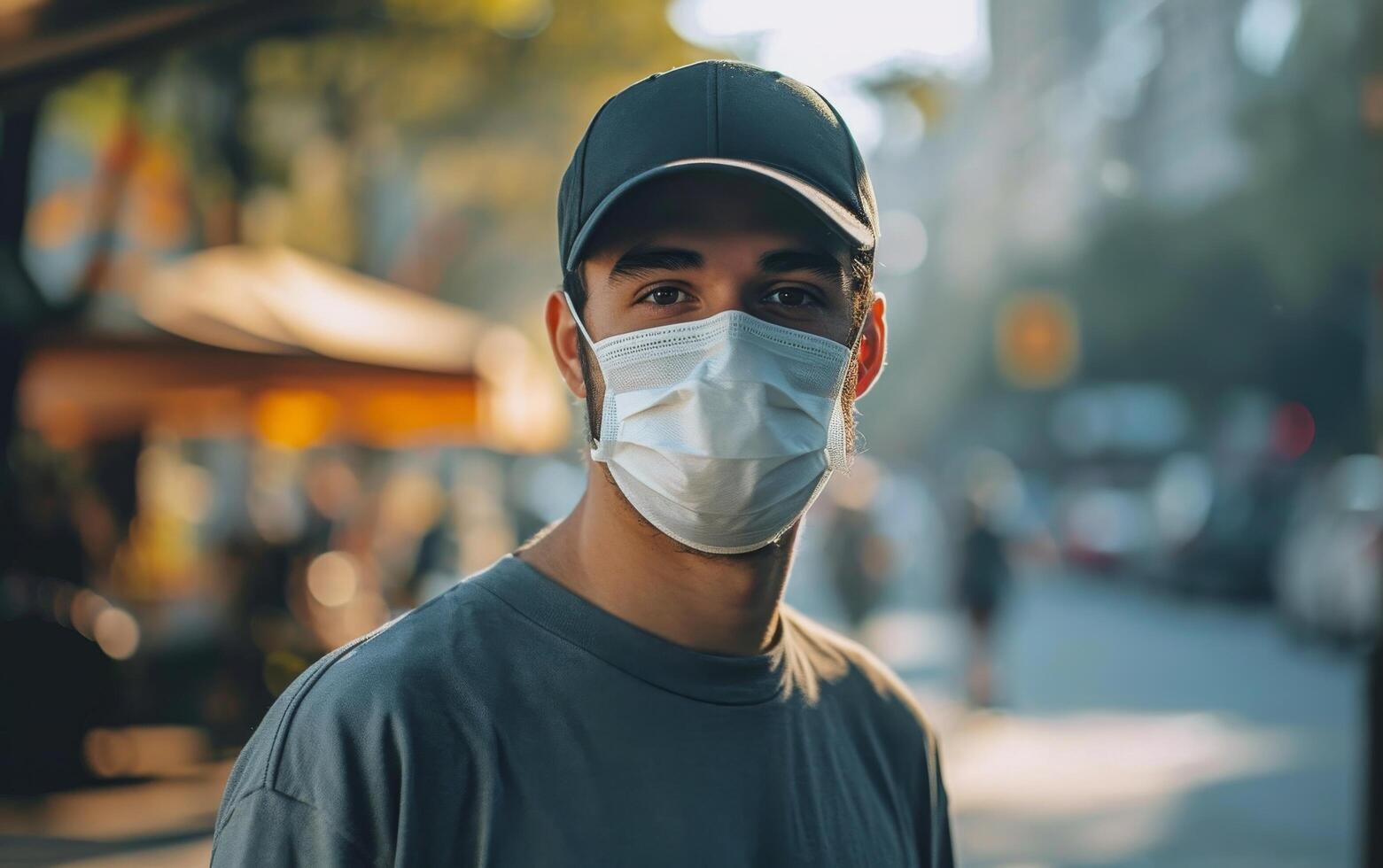 AI generated A young man with a black cap and surgical mask, new normal in a bustling urban setting photo