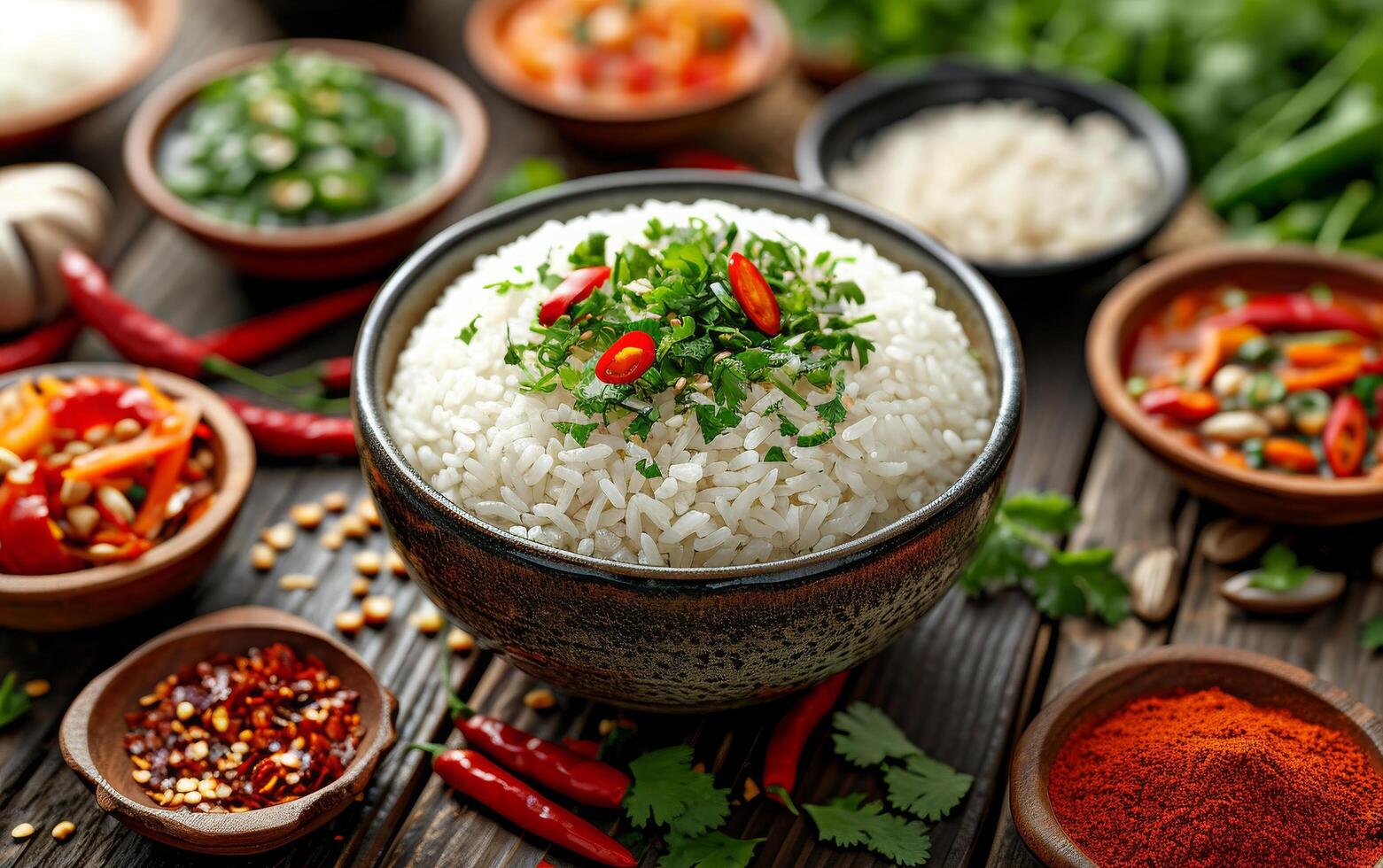 AI generated A bowl of cooked white rice surrounded by an assortment of vibrant spices and herbs photo