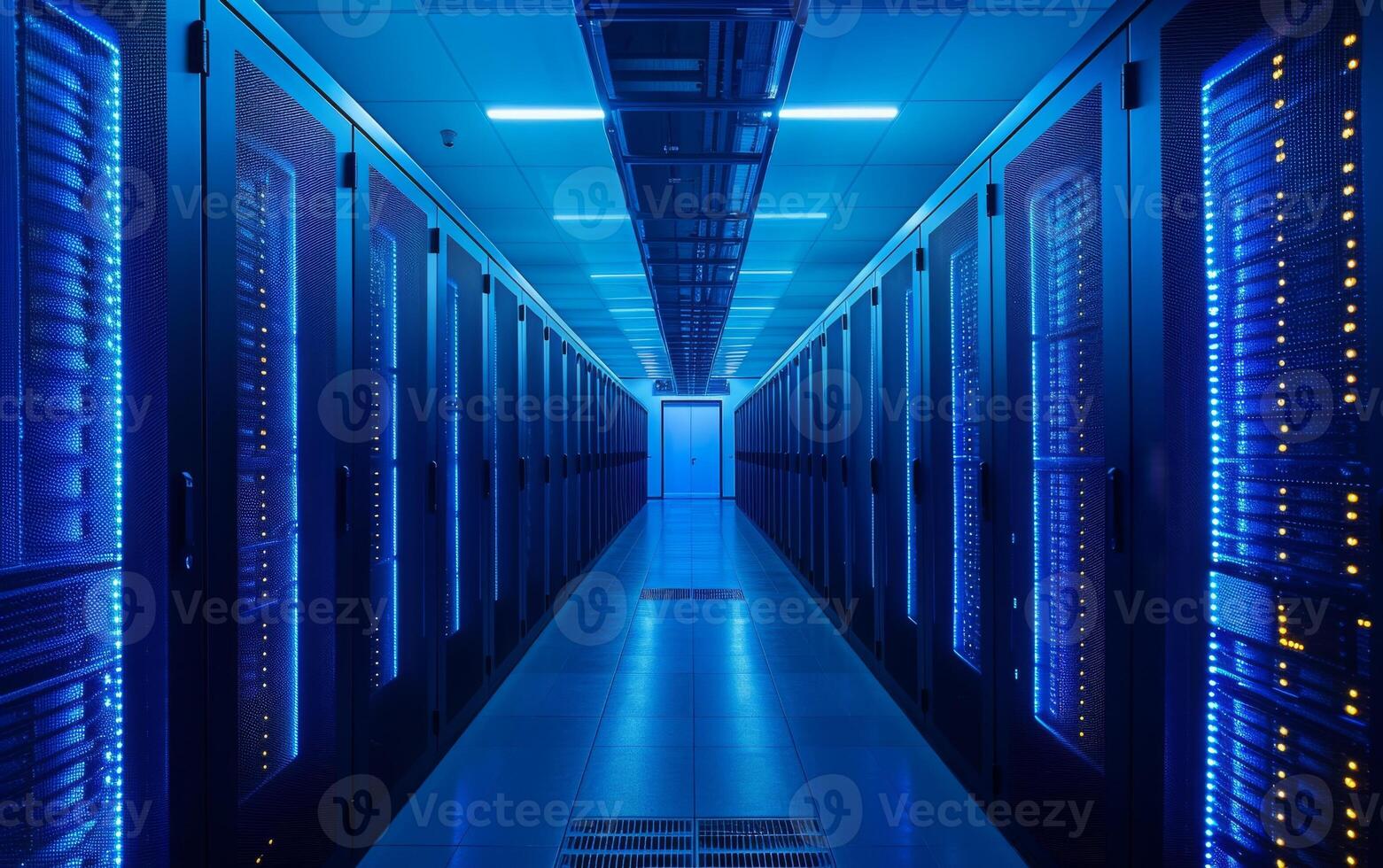 AI generated The symmetrical view of a data center with illuminated server racks photo