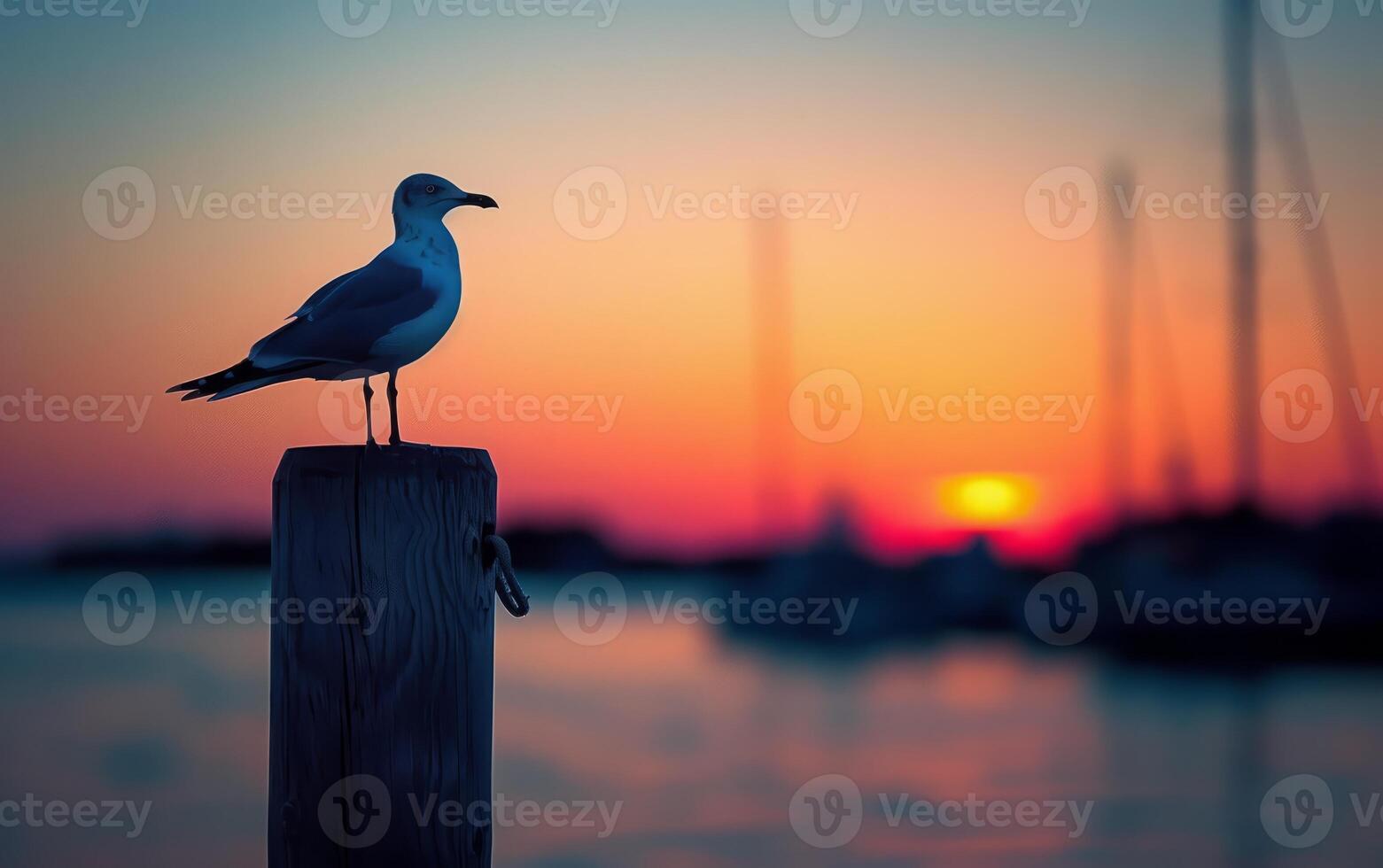 AI generated Sunset Silhouette of a Seagull at the Harbor photo