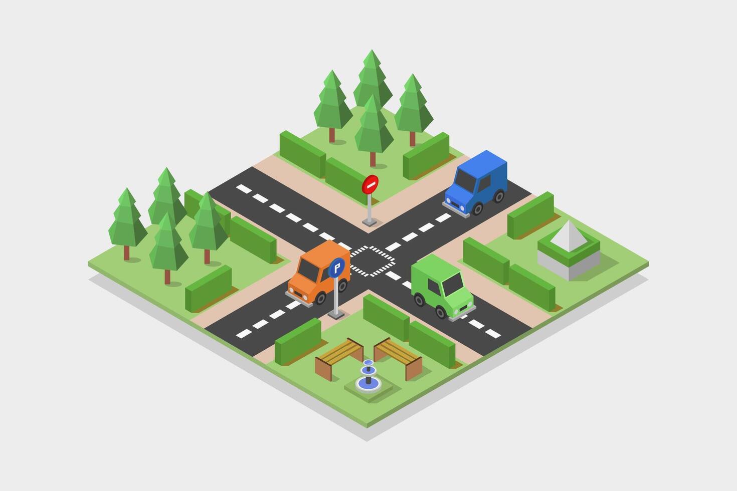 Illustrated isometric road intersection vector