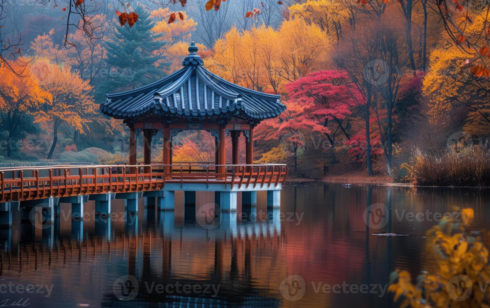 AI generated Autumn Serenity at a Lakeside Pavilion photo