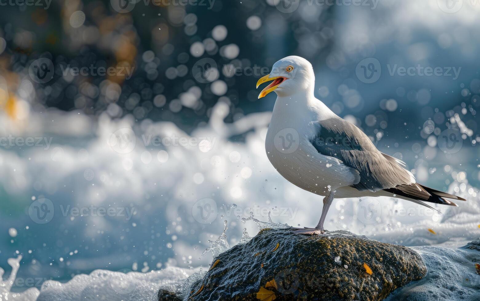 AI generated Seagull Perched on a Rock by Crashing Waves photo