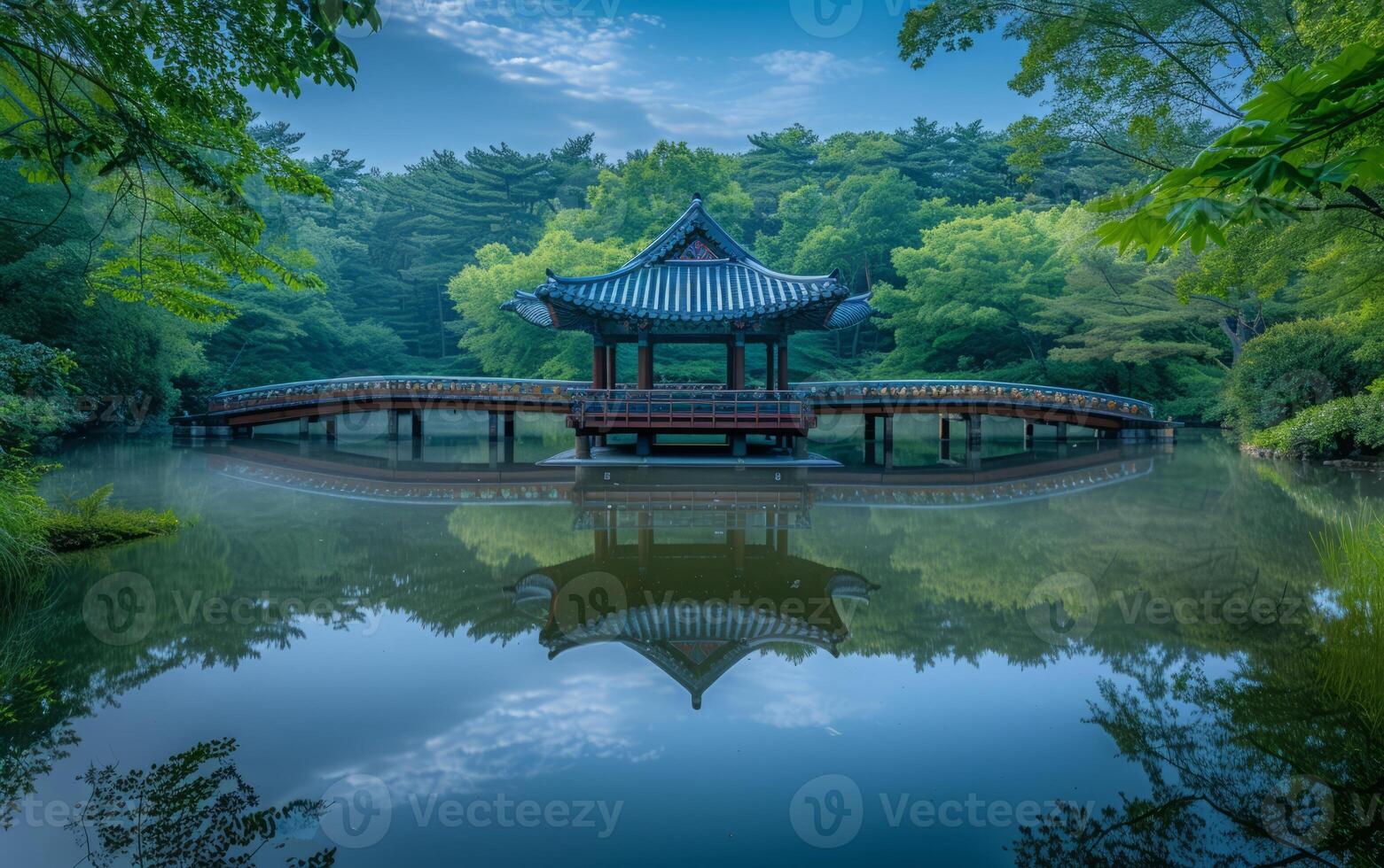 AI generated Tranquil Traditional Korean Pavilion Reflection photo